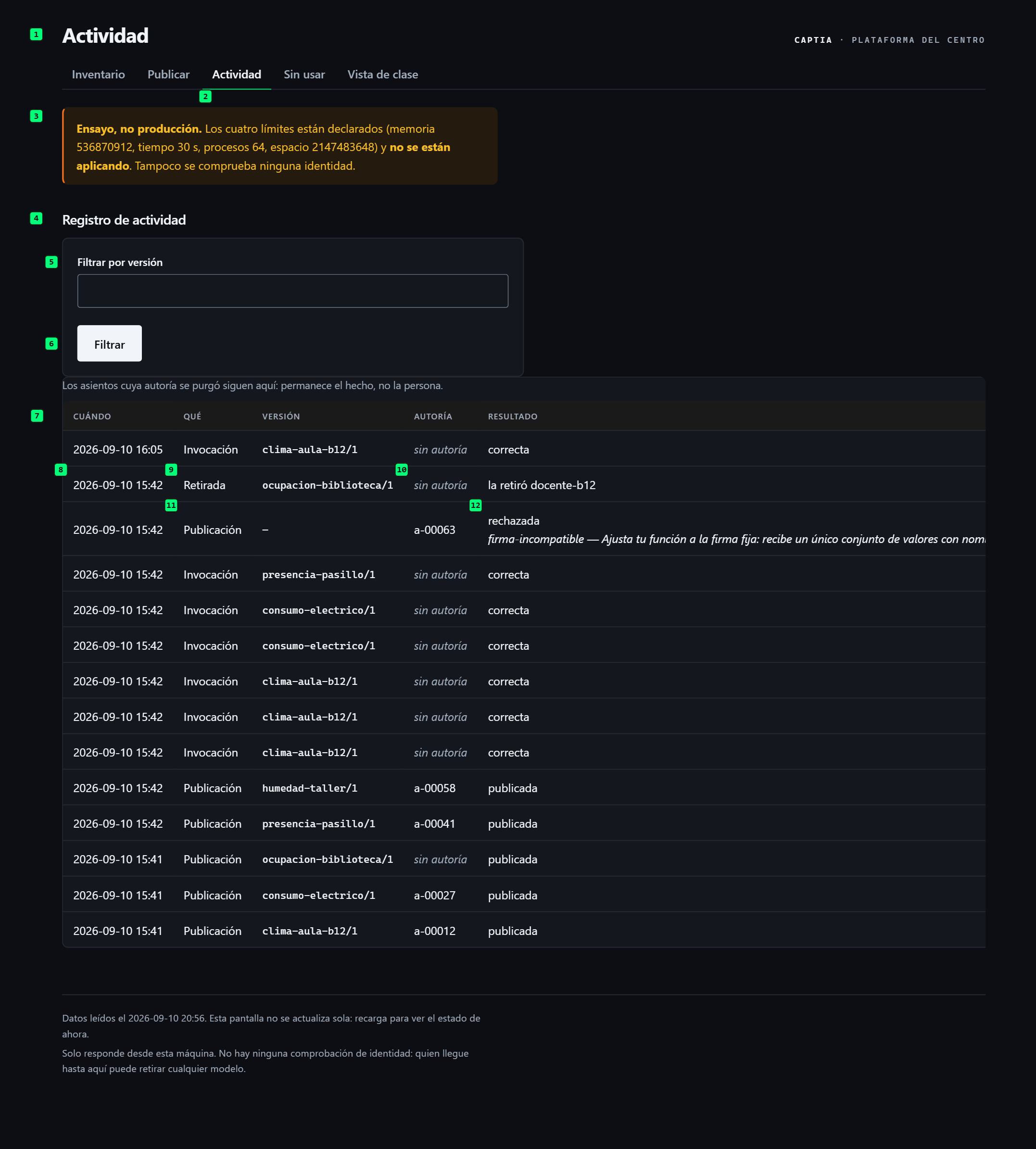 Registro de actividad con el filtro por versión y una tabla de asientos: una retirada y una publicación rechazada, con los elementos señalados con números