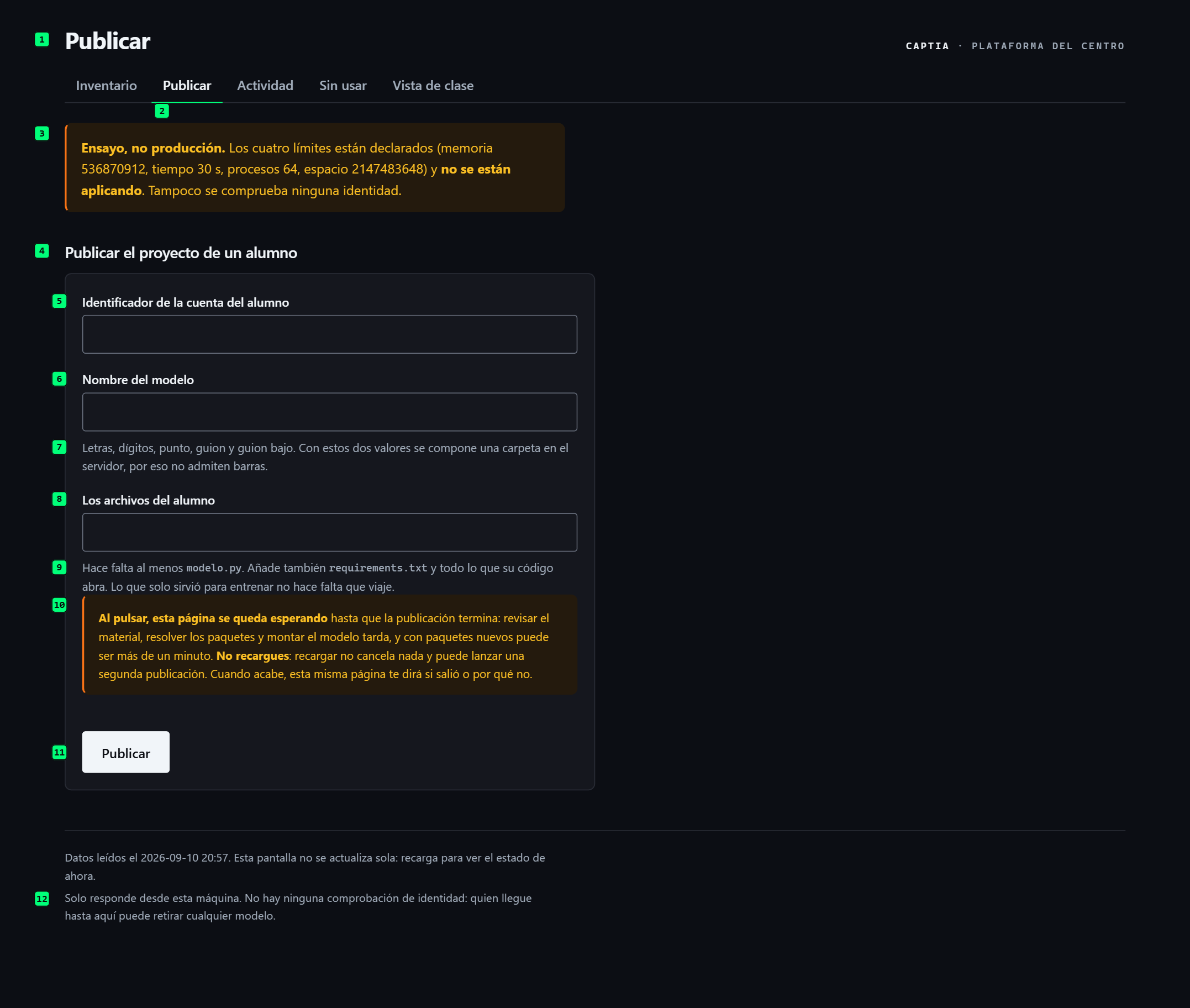 Formulario de publicación con tres campos, sus textos de ayuda, el aviso de espera y el botón Publicar, con los elementos señalados con números